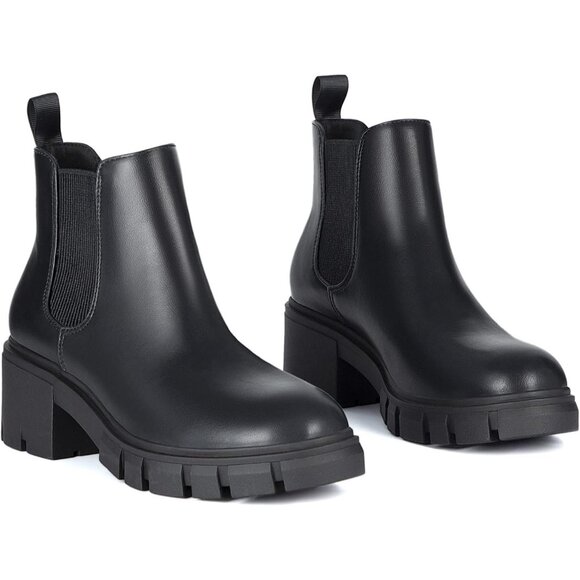 Women's Chelsea Boots Fashion Lug Sole Chunky Heel Slip on Ankle Booties Black - Picture 5 of 6